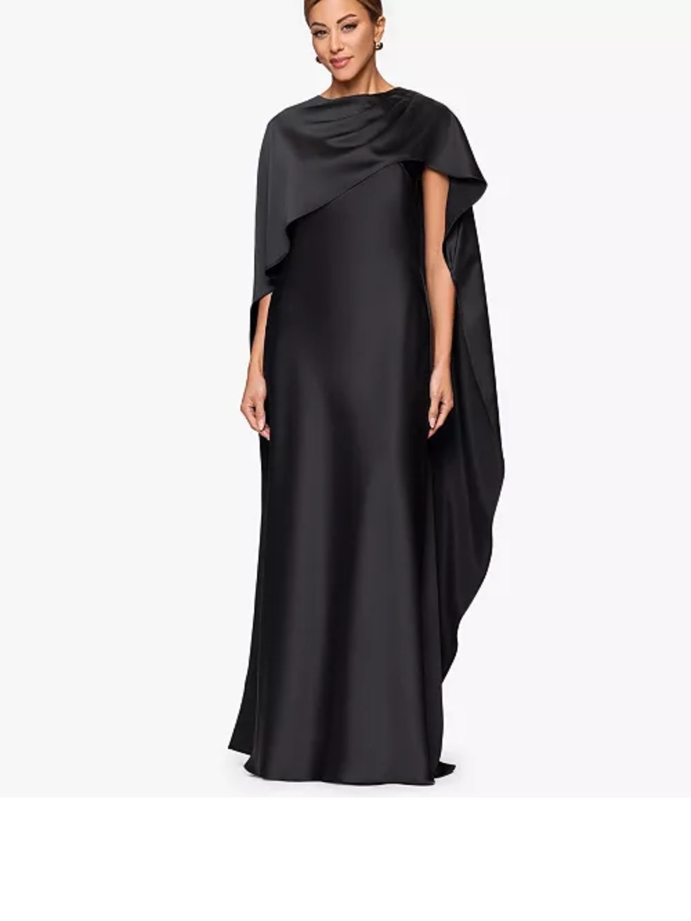 Xscape Black Cape-Back Satin Maxi Gown